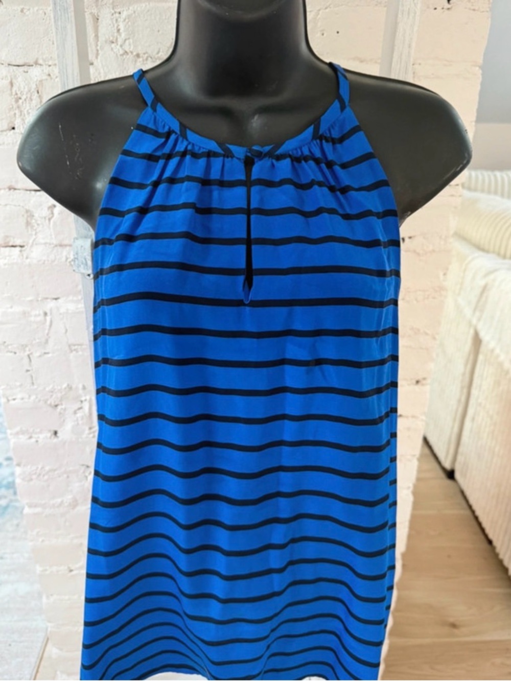 J. Crew Blue & Black Striped Silk Halter Shirt Preppy, nautical, layering, light